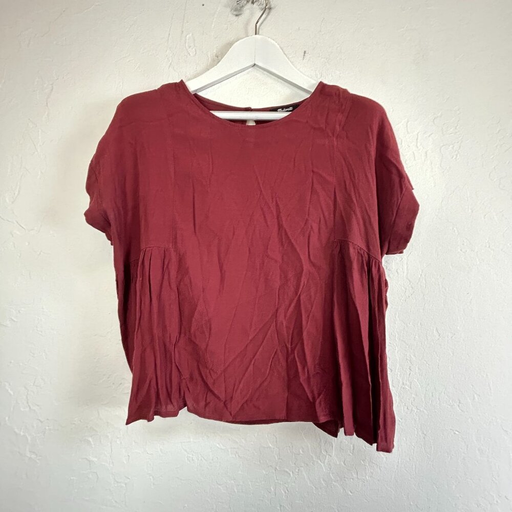 Madewell Womens Cuffed-Sleeve Shirred Top Medium Burgundy Lightweight Casual
